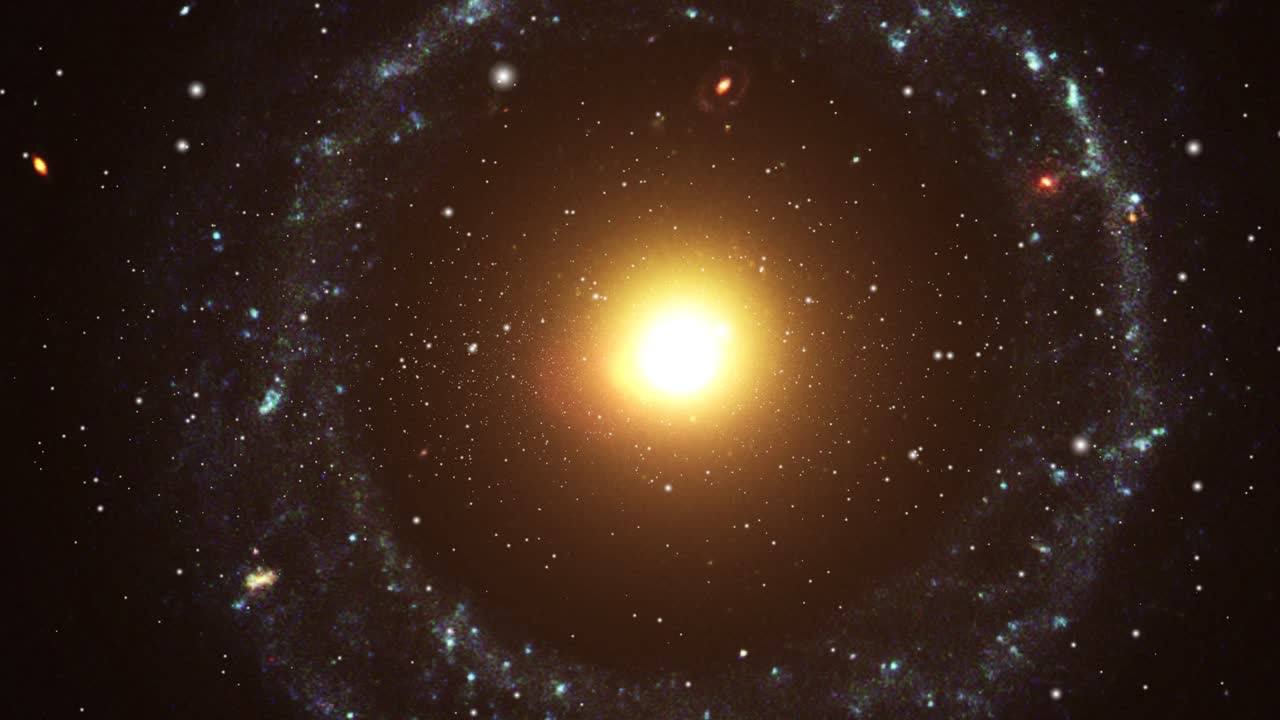a circular galaxy with a bright center of light moving in the universe