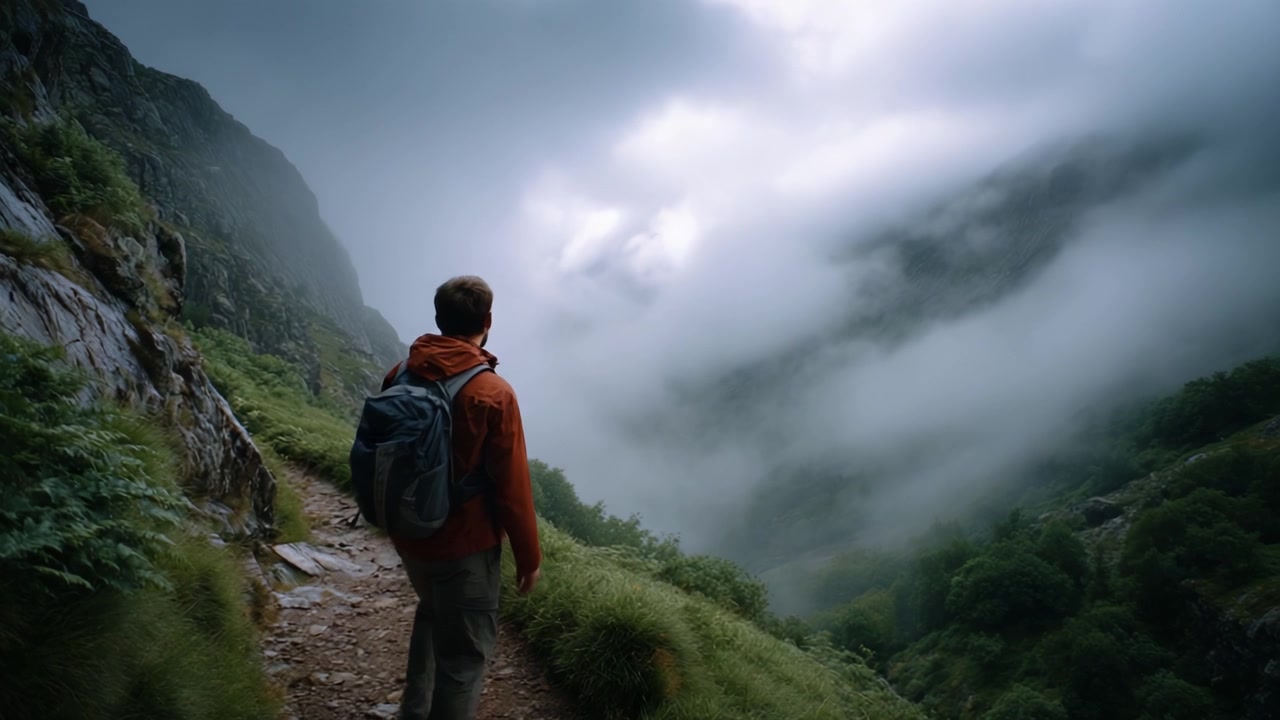 A lone traveler walks through a fog-covered mountain landscape, embracing the beauty of nature and adventure amidst the mystical atmosphere of a cloudy day.