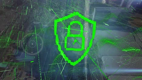 icono de candado de seguridad, red de conexiones y senderos de luz verde sobre vista aérea del paisaje urbano