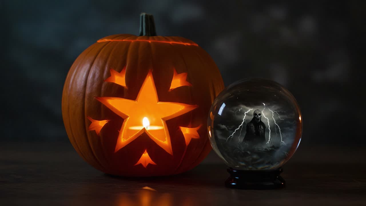 A Festive Halloween Display Featuring a Carved Pumpkin with a Star Design and a Mystical Crystal Ball Encasing a Dark Figure in a Stormy Scene