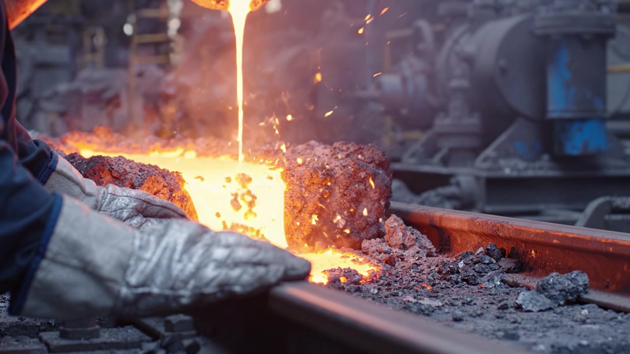 Esplorando il calore intenso e le abilità artigianali nella fusione dei metalli: la trasformazione del metallo fuso in forme solide in un ambiente industriale.