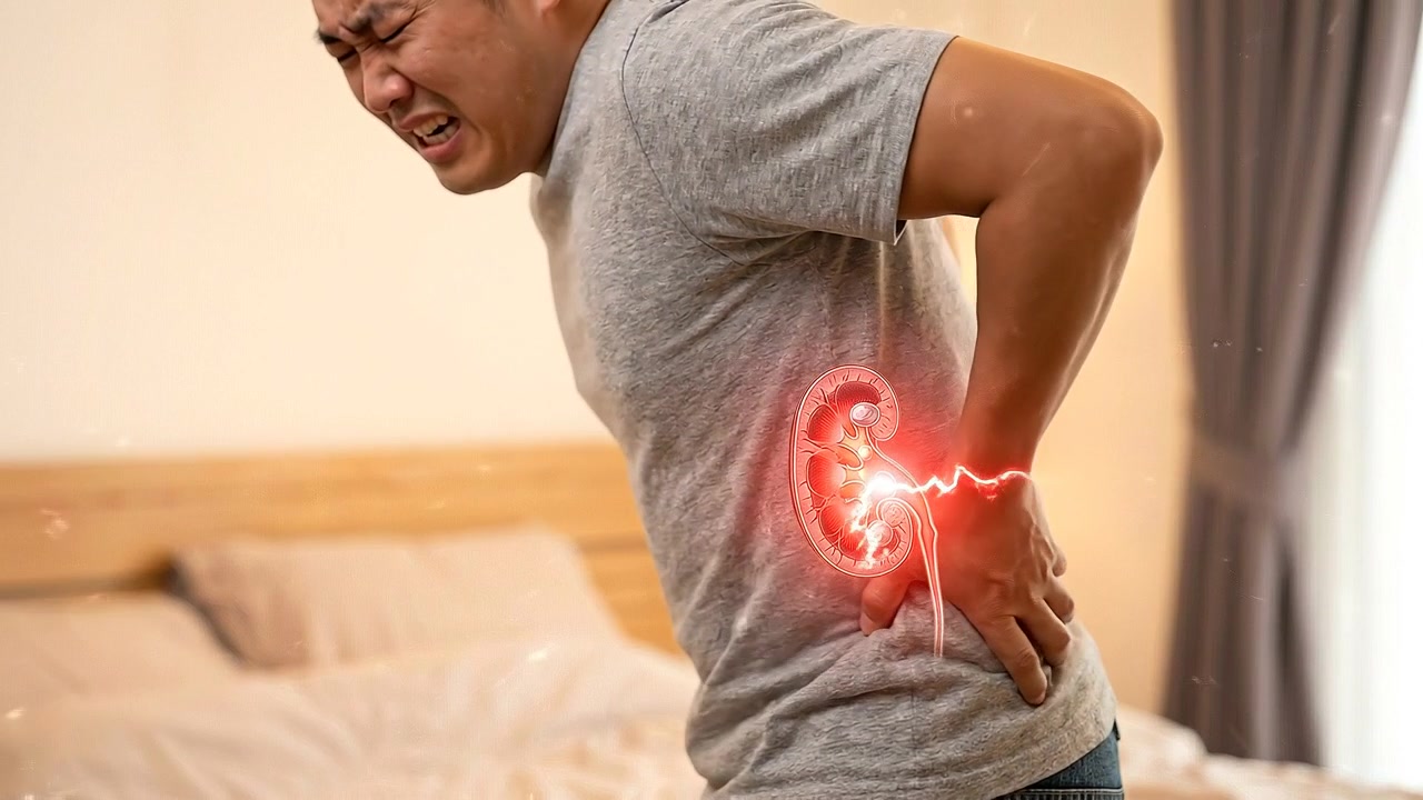 Man Suffering From Severe Kidney Pain in Bedroom