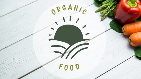 Animation-of-organic-food-text-and-logo-in-green,-over-fresh-vegetables-on-white-boards