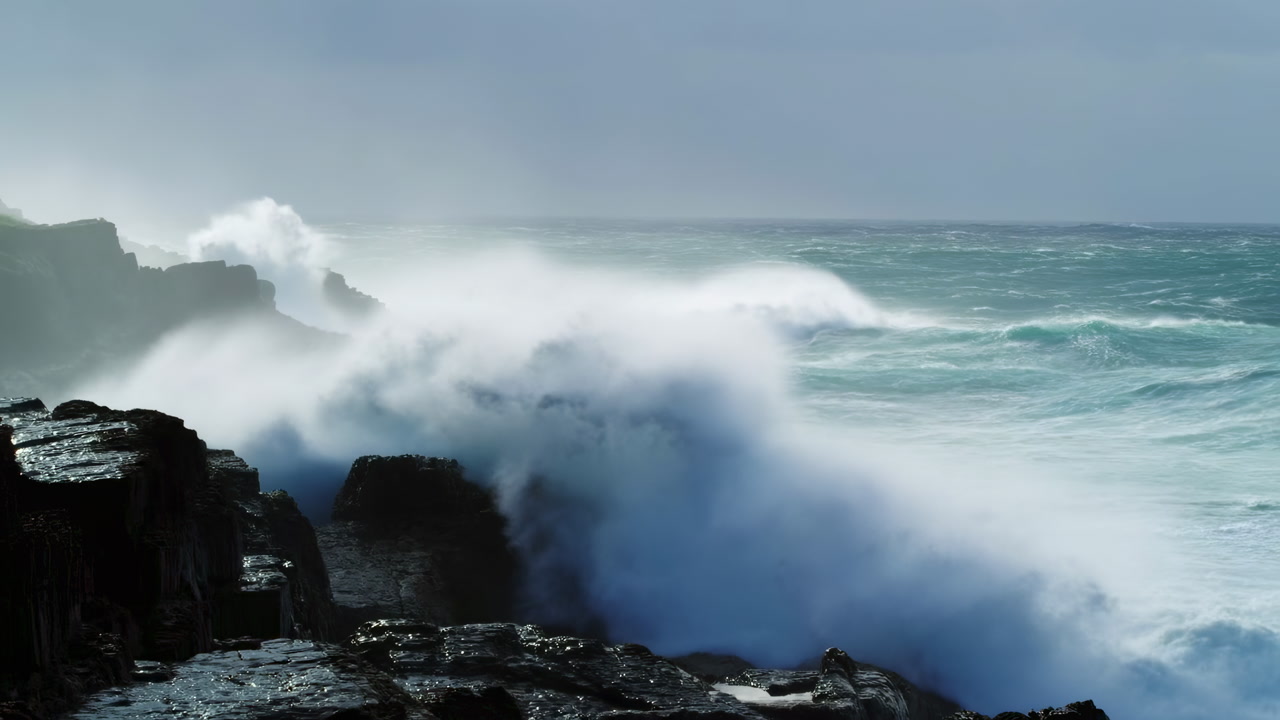 Rugged Rocky Coast With Crashing Waves, Misty Turquoise Ocean Rolling Swells, Foamy Surf Smashing Dark Cliffs,