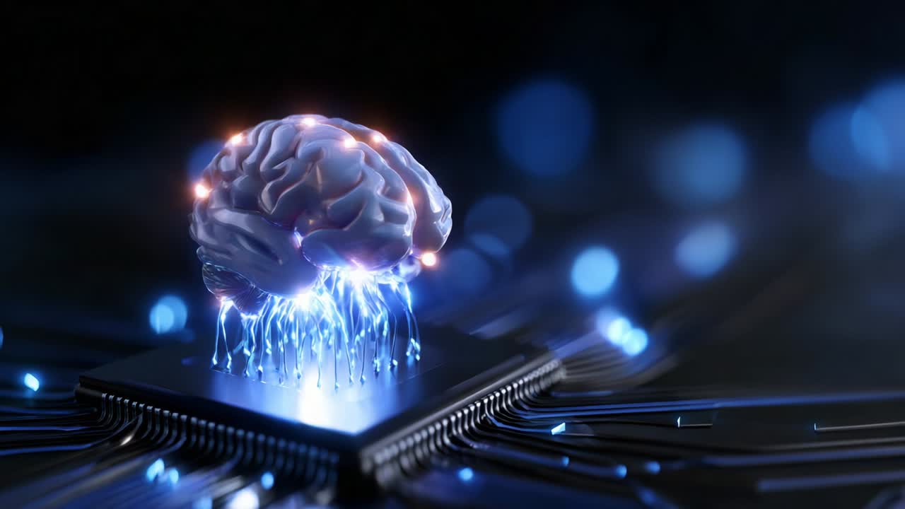 A Stunning Visualization of an Artificial Intelligence Brain Emerges from a Circuit Board, Combining Neural Networks and Technology in a Burst of Illuminating Lights and Dynamic Energy
