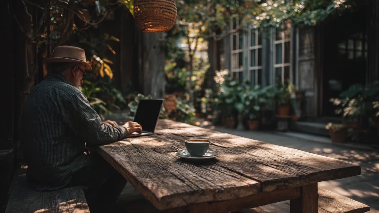 A Tranquil Workspace: An Older Man Working on a Laptop Surrounded by Lush Greenery and a Rustic Wooden Table, Capturing the Essence of Peaceful Productivity