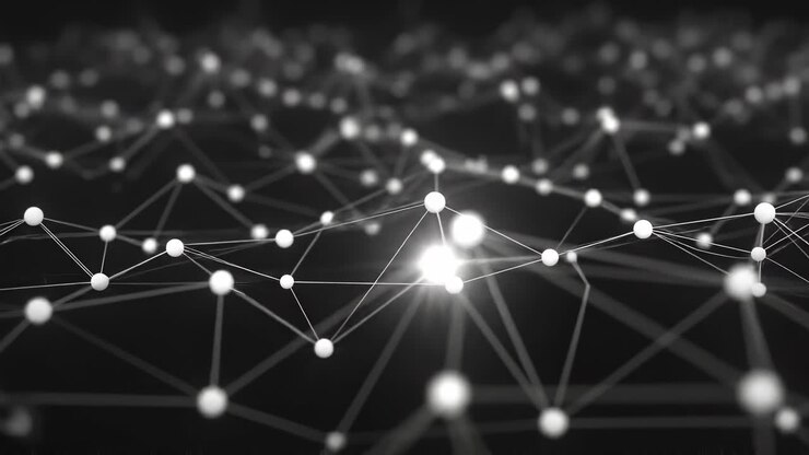 Rete astratta di nodi e linee luminose, angolazione dall'alto, perfetta per video tecnologici