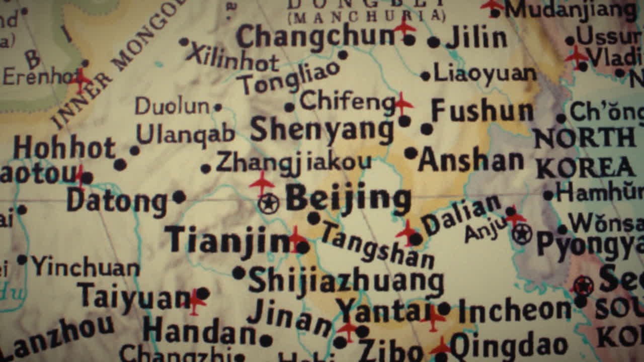 Close-up view of a map showing cities in China and surrounding regions