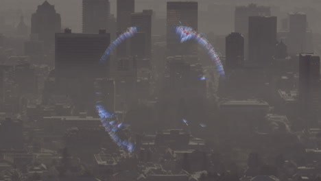 animation of spinning globe icon against aerial view of cityscape