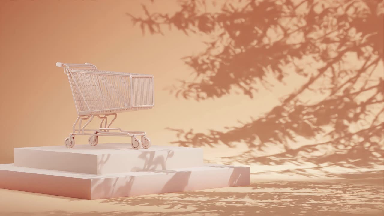 노란색 바탕에 가지의 그림자를 가진 노란색 플랫폼에 빈 쇼핑 카트