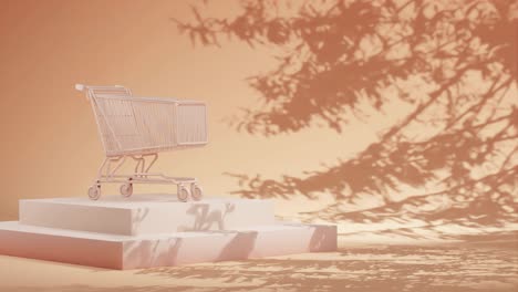 un carrito de compras vacío en una plataforma amarilla con la sombra de las ramas en un fondo amarillo