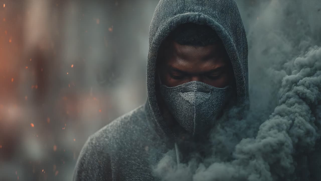 A hooded figure emerges through dark smoke, symbolizing resilience in chaos, with a masked expression that conveys strength and determination amid the tumultuous surroundings