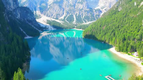 view of the lake braies in dolomites mountains, italy