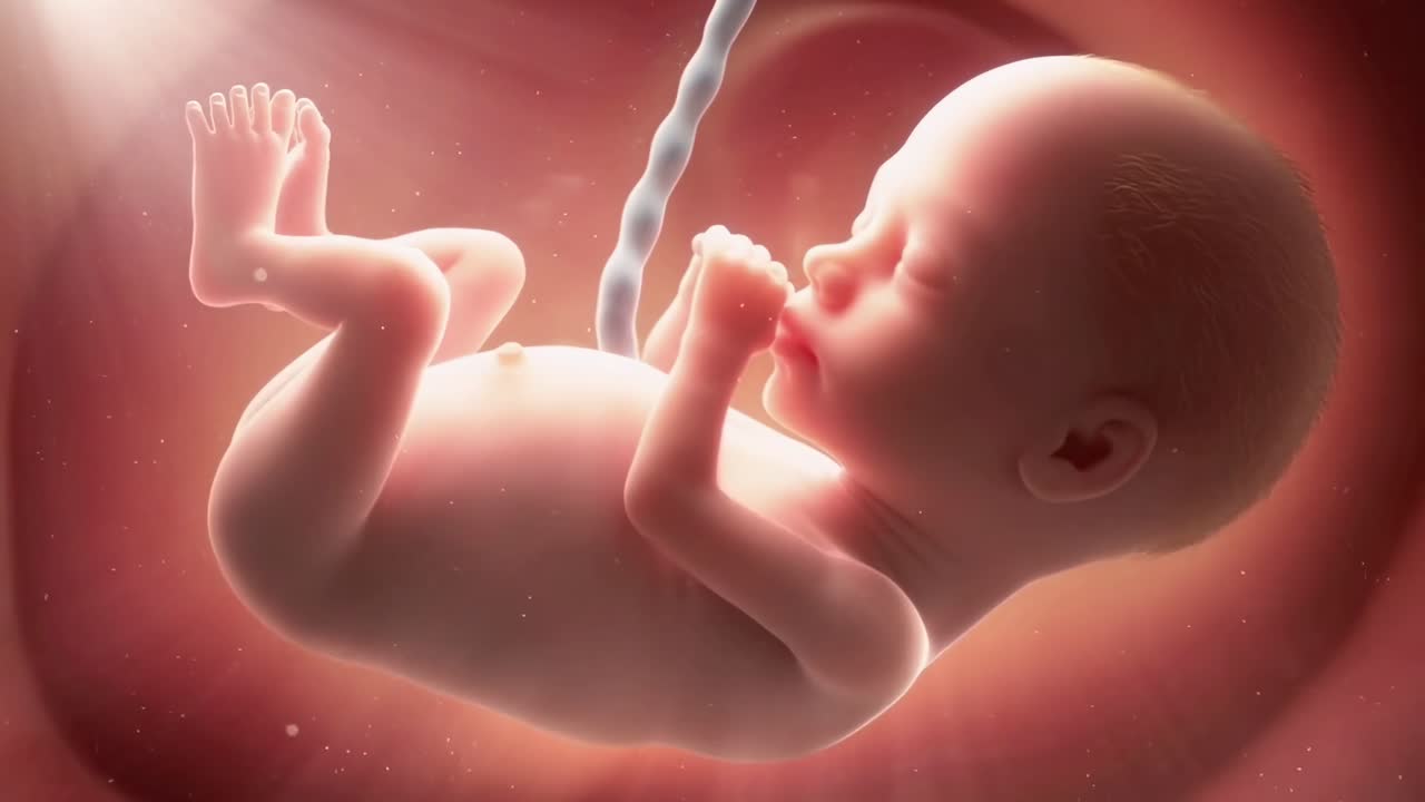 Rendering in 3D di un feto nel grembo materno, angolazione laterale