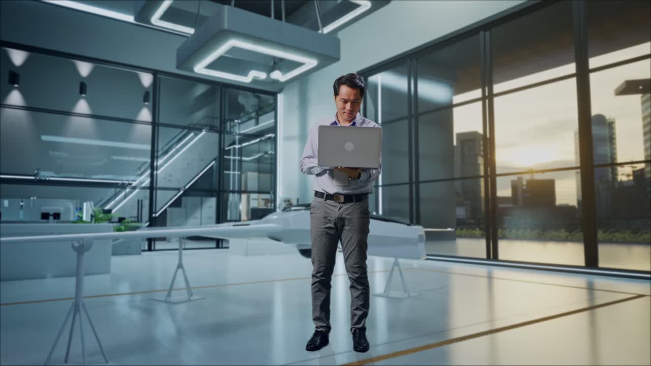 hombre de negocios trabajando en una computadora portátil en una oficina moderna.