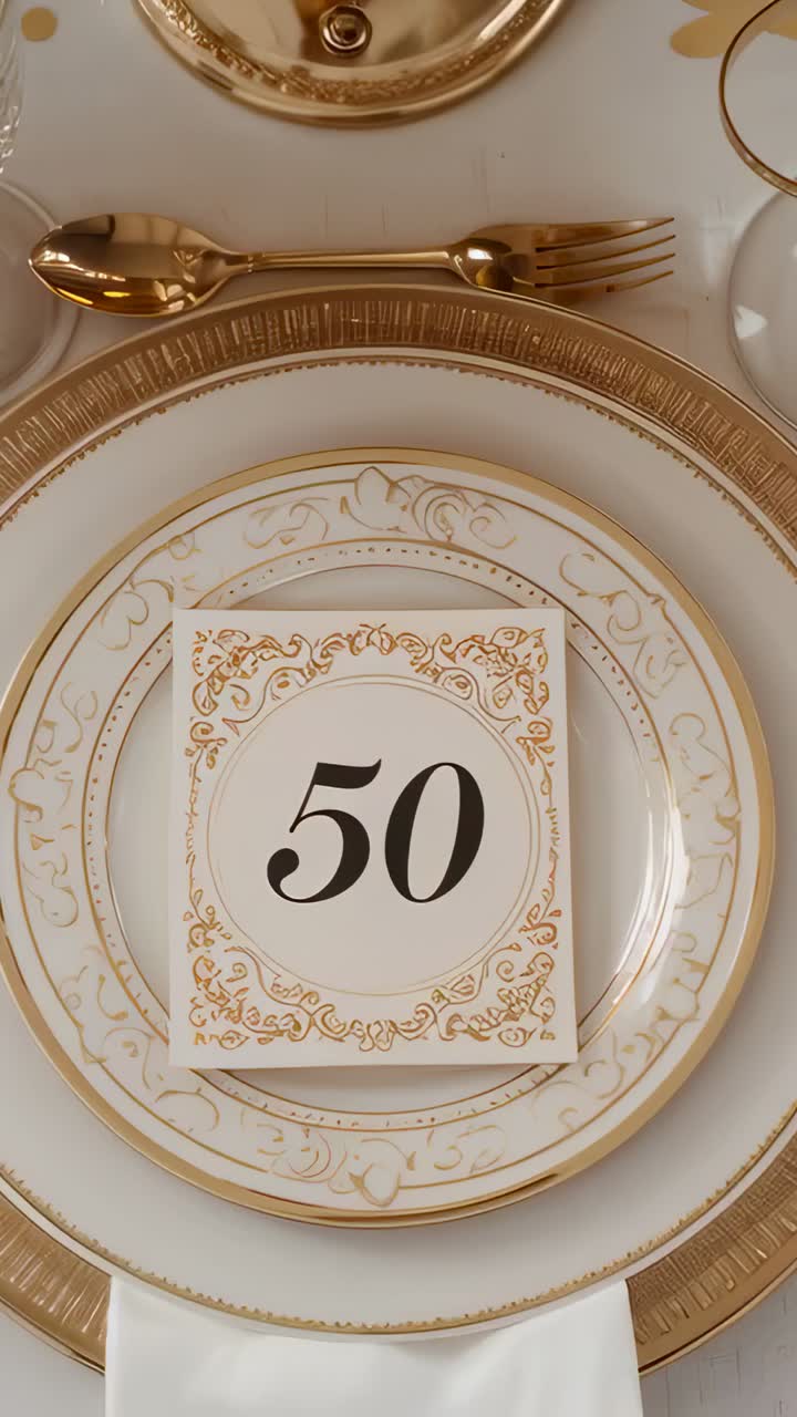 Vertical video: Tilting camera revealing gold plates at banquet, showing flat and vertical 50 cards