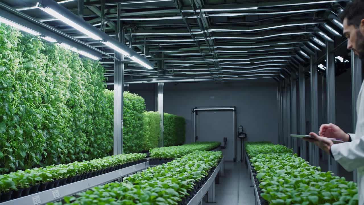 Scientist Monitoring Plants in a Modern Vertical Farm