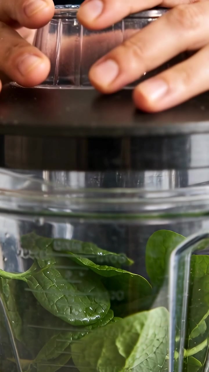 Vertical video: Adding spinach, hands in dark tee filling blender jar in kitchen sealing lid to mix