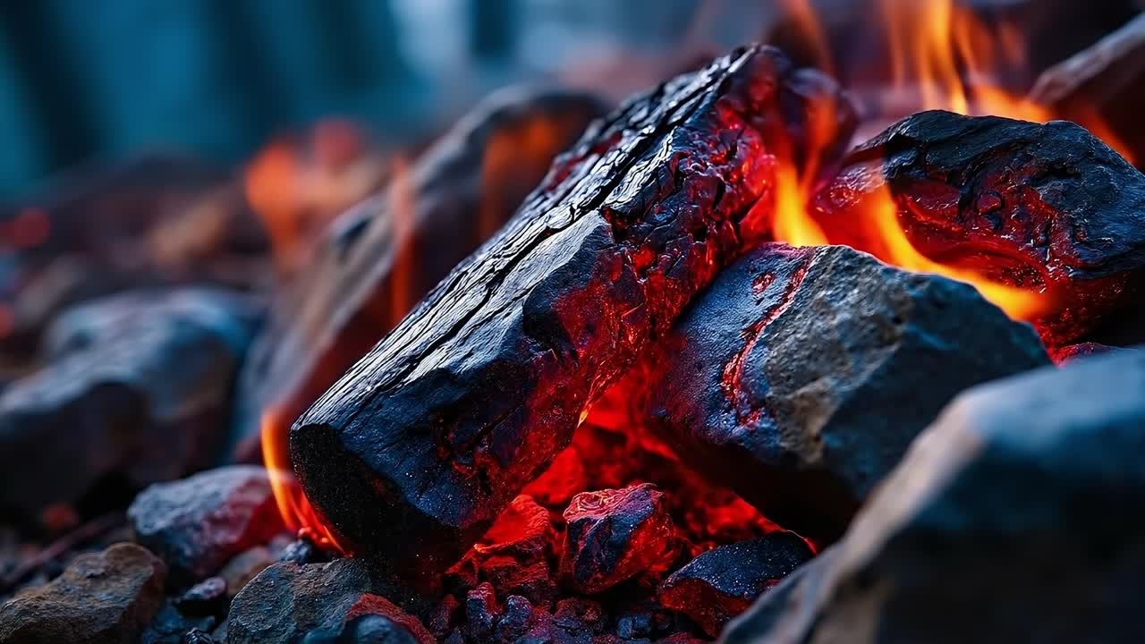 A close up of a pile of coal with red flames in the background