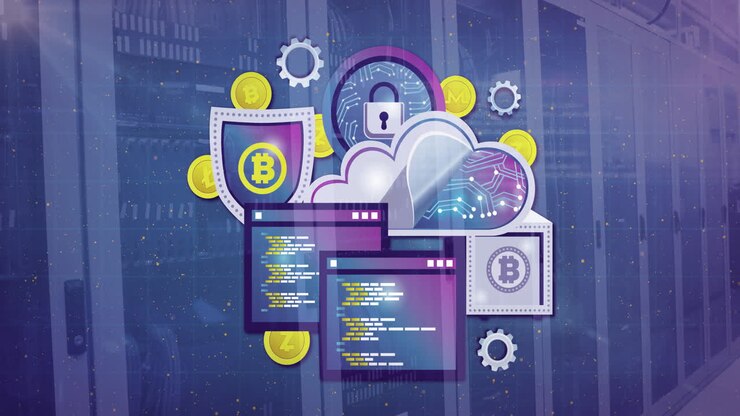 Cryptocurrency and blockchain technology animation over digital code and cloud storage