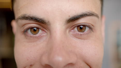close-up of person's face with brown eyes, focusing on expression