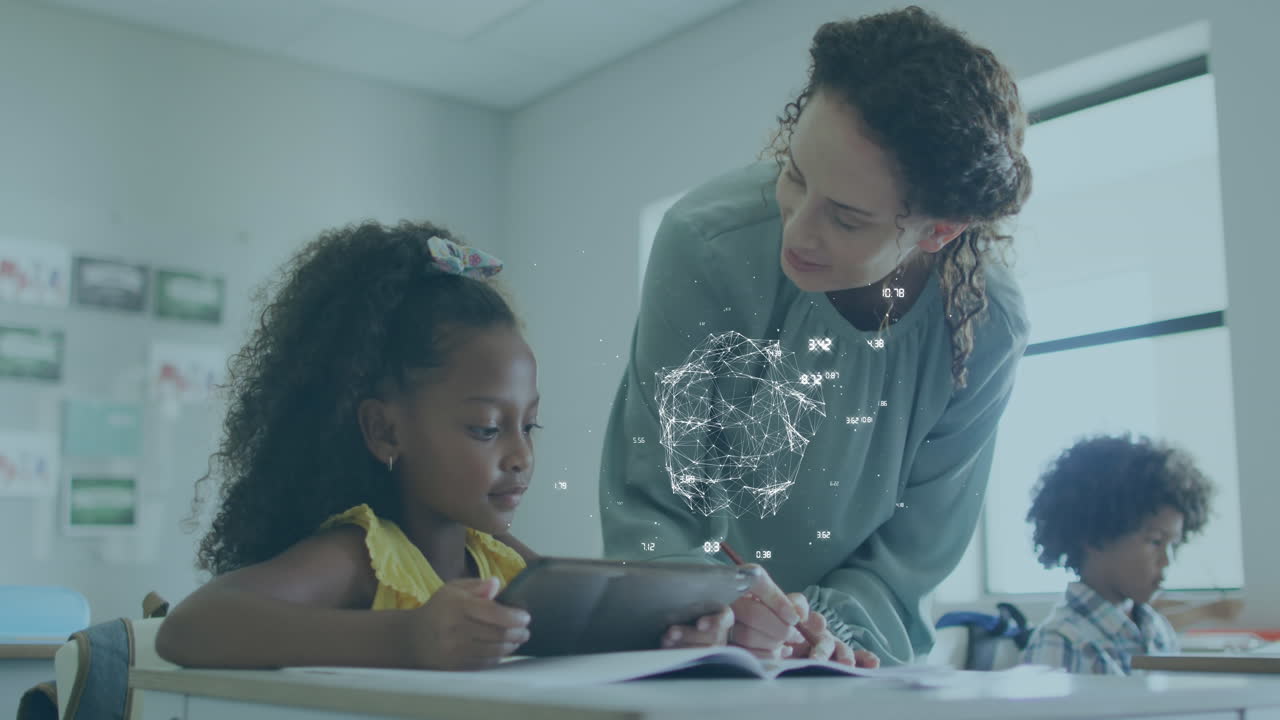 Animation of network and data processing over diverse female teacher and schoolgirl with tablet