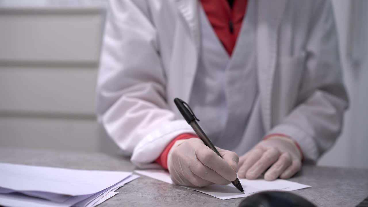 médico escribiendo receta en un pedazo de papel en la clínica