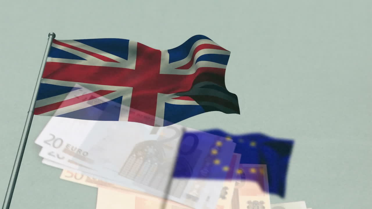 Animation of flag of european union and great britain over euro currency bills