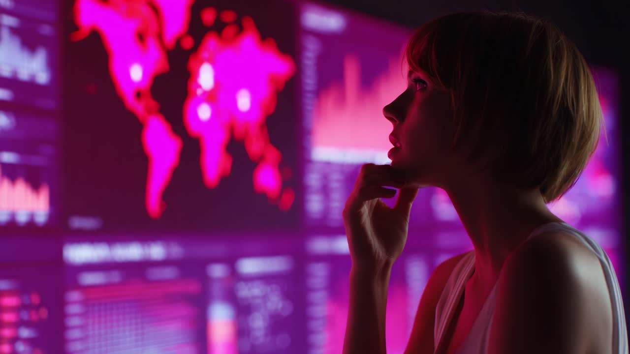 A thoughtful woman analyzes data trends and visualizations on a glowing display screen, immersed in her reflection and considering insights from dynamic global information