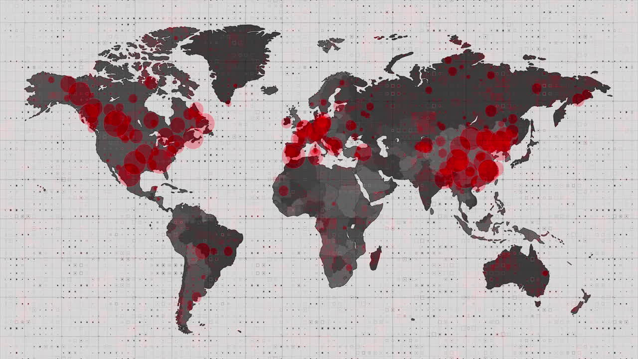 animación del mapa del mundo y los países que se vuelven rojos a través de círculos en un fondo blanco