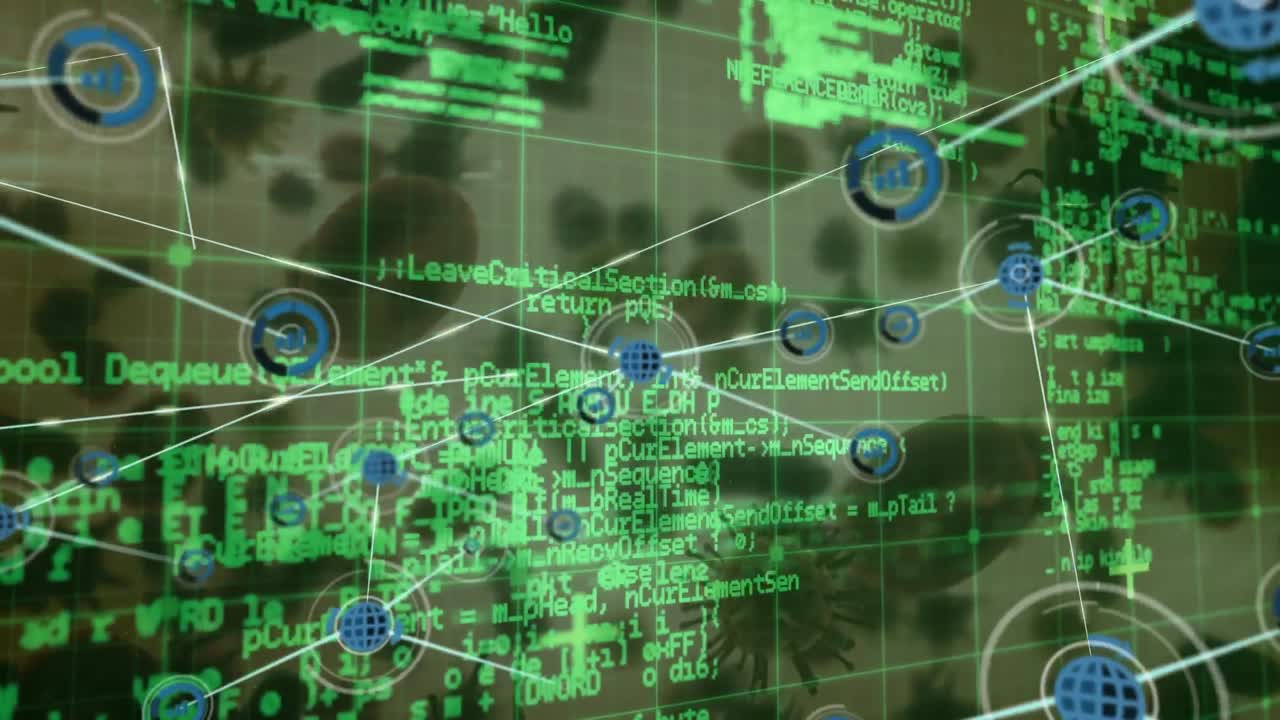 red de iconos digitales y procesamiento de datos contra células y vasos sanguíneos de covid-19