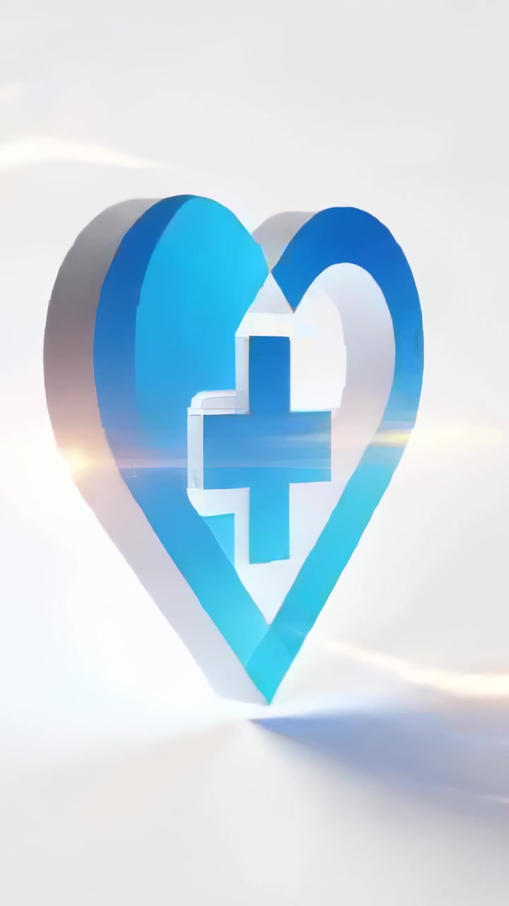 Vertical video: Rotating blue 3D heart-plus in studio after reveal animation, showing medical brand