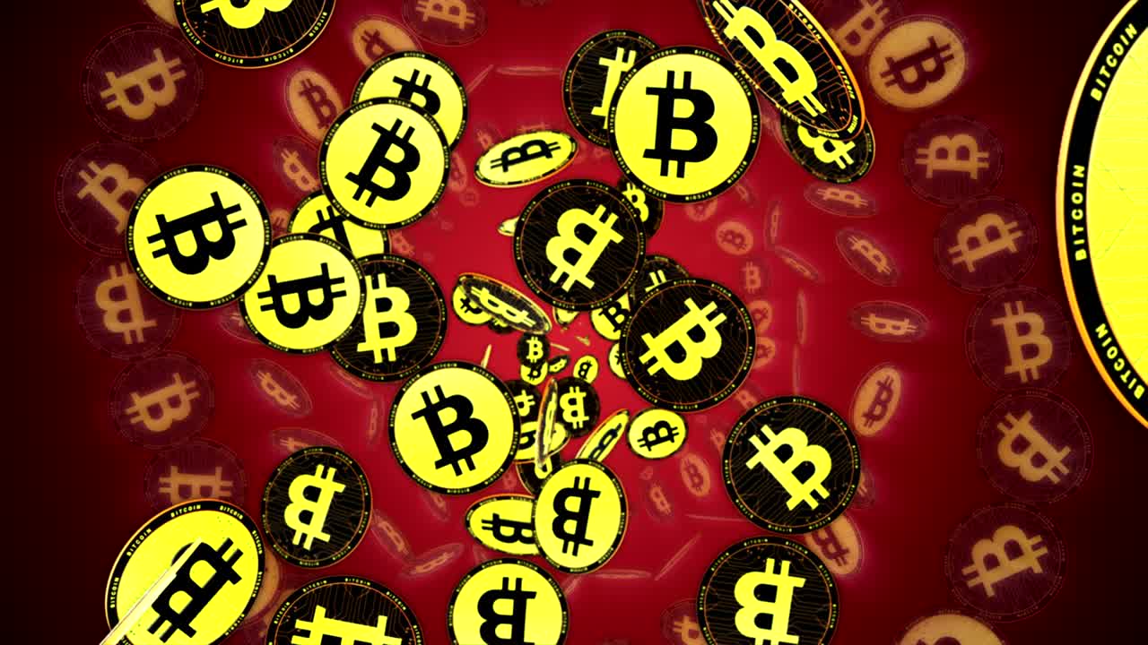 animación de monedas de bitcoin, fondo, renderización y bucle