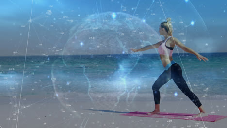animación de la red de conexiones y el globo sobre la práctica de yoga en la playa