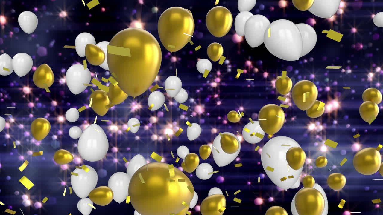 animación de luces brillantes, confeti cayendo y globos volando sobre un fondo negro