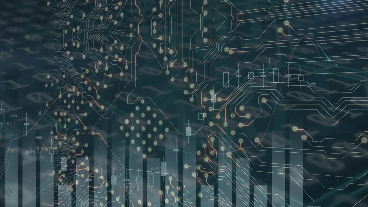 Animation of computer circuit board and data processing on black background
