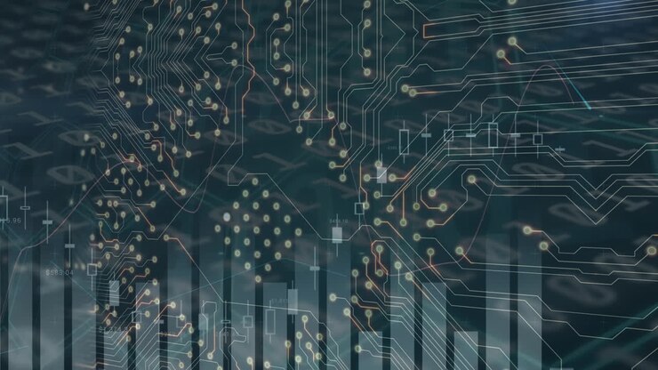 Animation of computer circuit board and data processing on black background