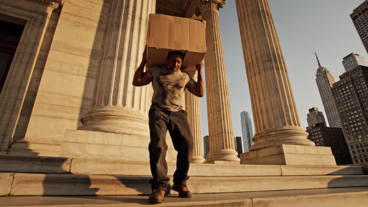 Man Carrying Heavy Box in Urban Setting