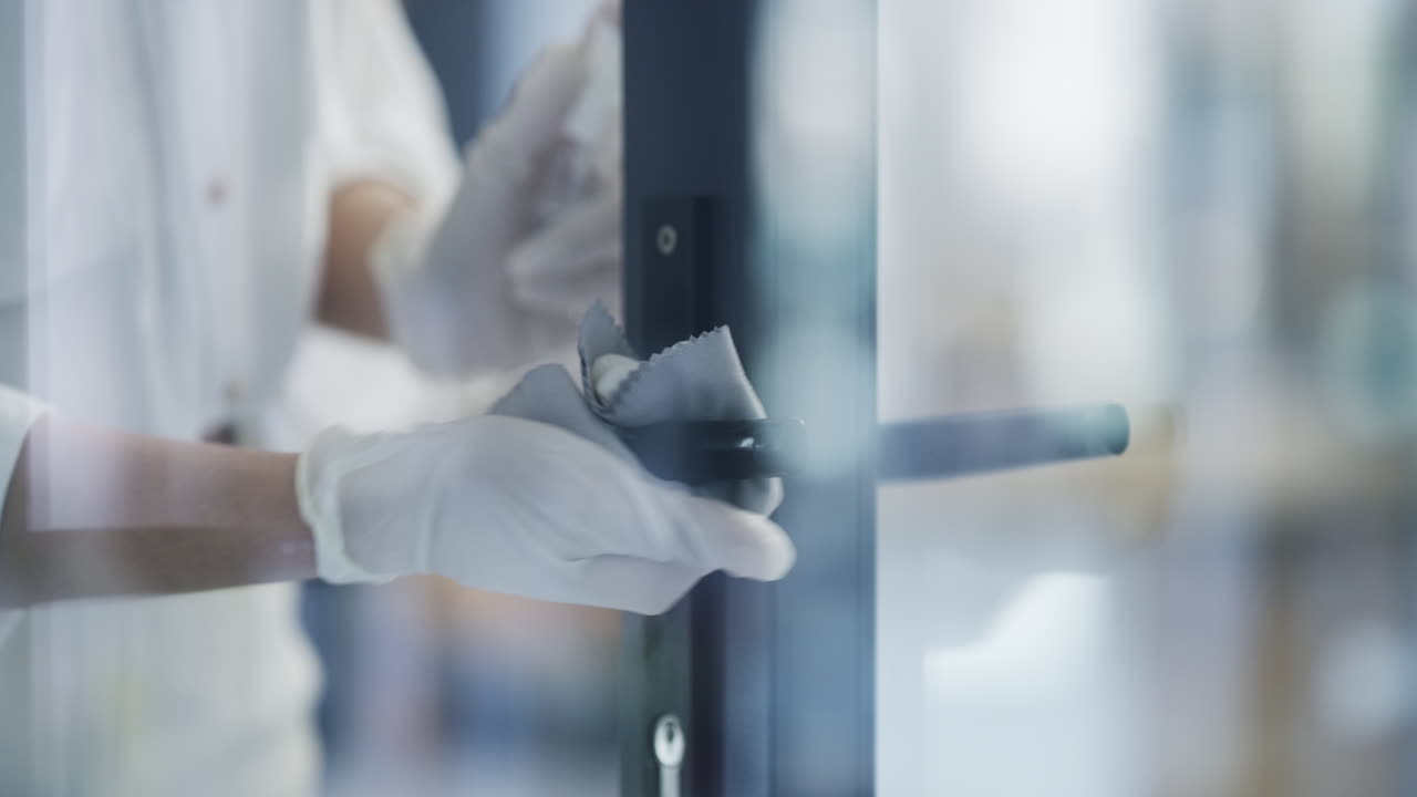 limpieza de las manijas de las puertas con guantes