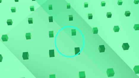 Animation-of-circles-pulsating-over-rows-of-abstract-shapes-pattern-on-green-background