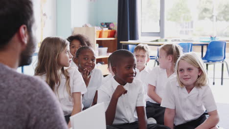 Männlicher-Lehrer-Liest-Einer-Gruppe-Von-Grundschülern-In-Uniform-Im-Klassenzimmer-Eine-Geschichte-Vor