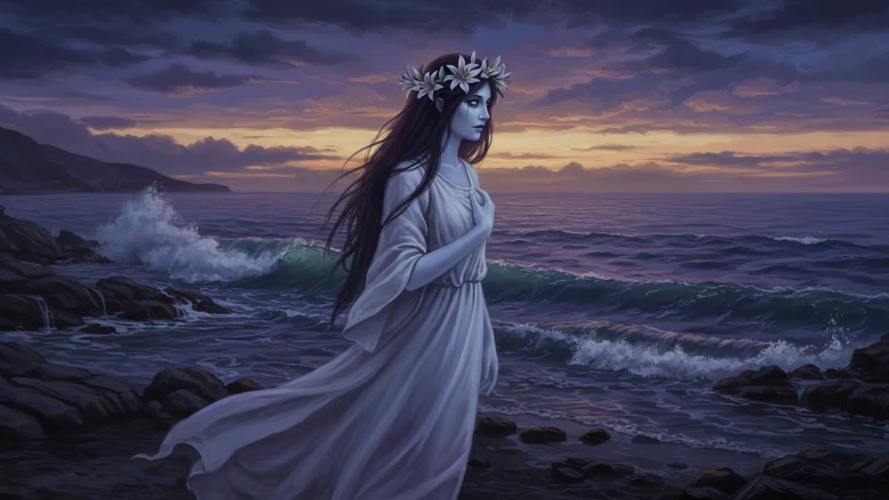 A mystical figure in a flowing white gown strolls along a rocky shore, with a serene ocean and a dramatic sunset providing a captivating backdrop, evoking mystery and beauty