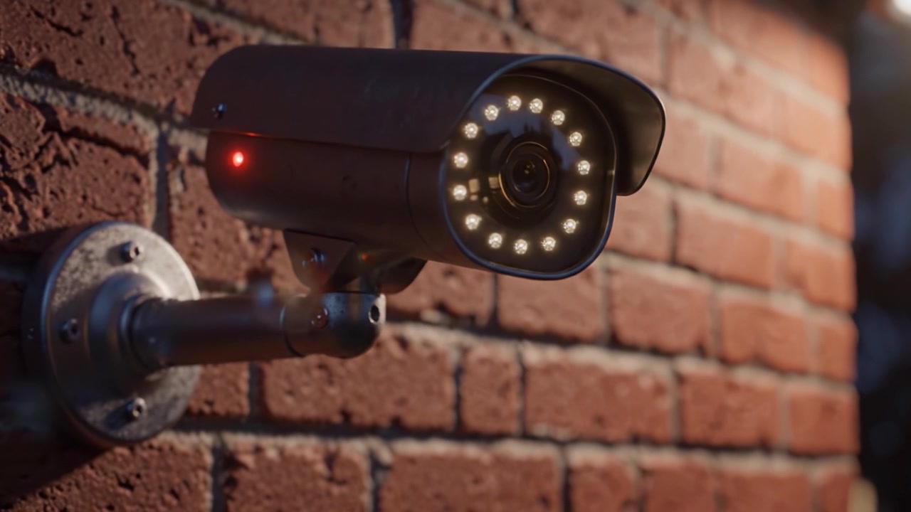 Surveillance Camera Mounted on Brick Wall Capturing Security Footage with Red Indicator Light, Enhancing Safety and Monitoring for Outdoor Environments