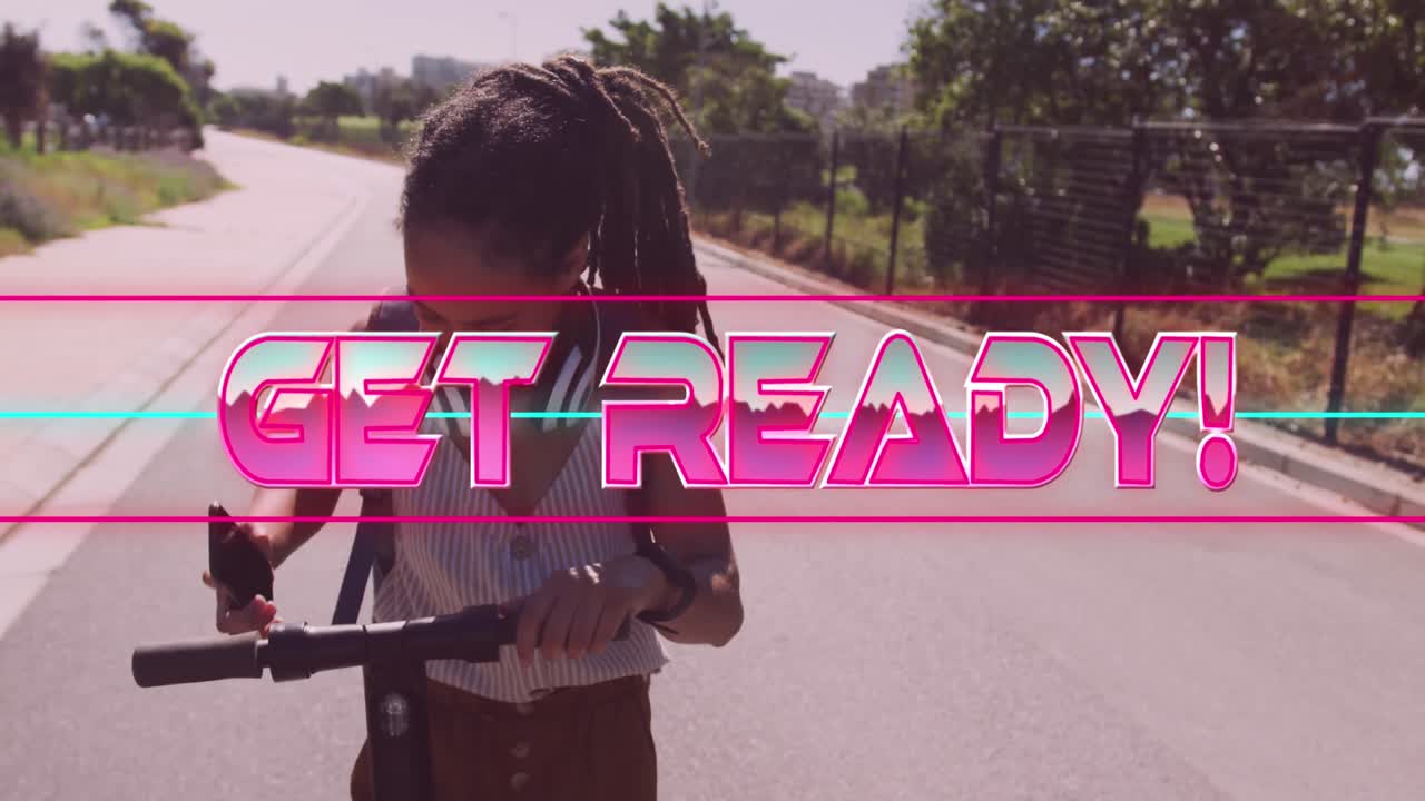 animación de texto listo sobre una mujer biracial sonriente con scooter usando un teléfono inteligente