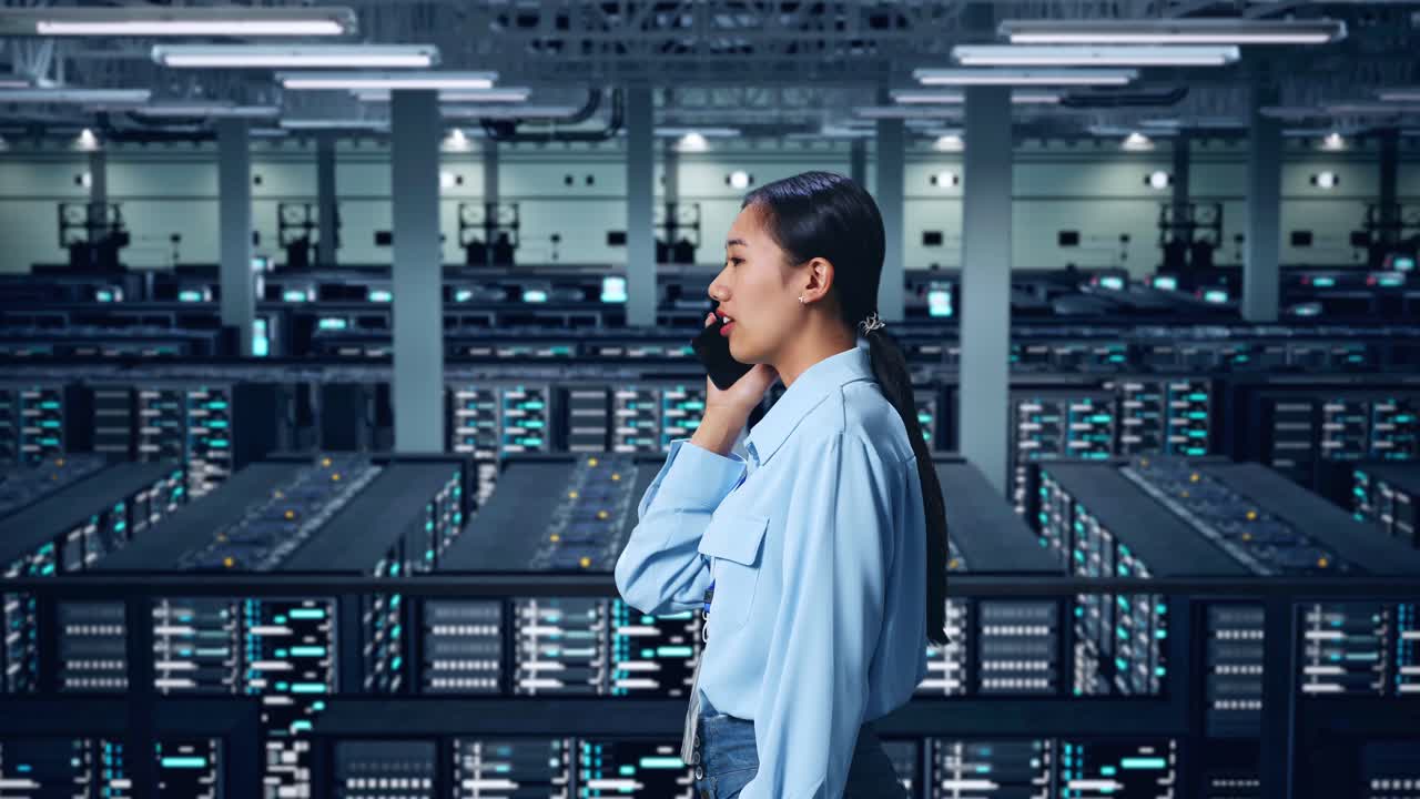 Side View Of Asian Business Woman Talking On Mobile Phone In Data Center