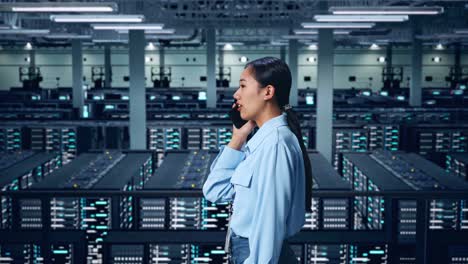 vista lateral de una mujer de negocios asiática hablando por teléfono móvil en un centro de datos