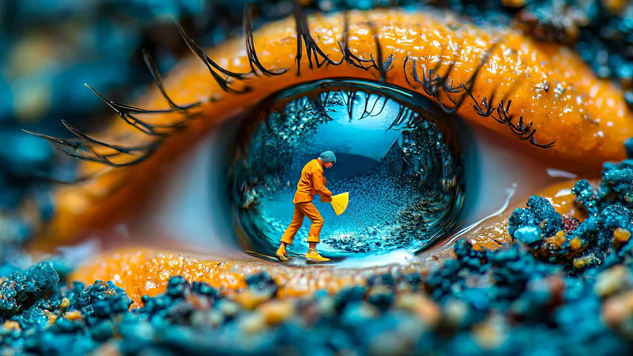 Reflection of a person cleaning within an eye showing a detailed environment in a unique perspective