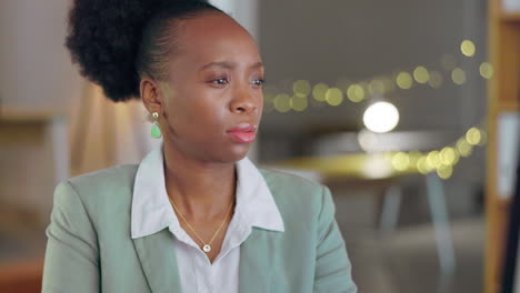 Thinking, idea and black woman in office