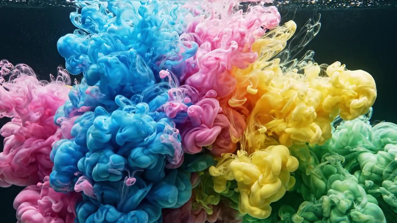 Ein wunderschöner Tanz der Farben unter der Oberfläche: Lebendige Wirbel aus Pink, Blau, Gelb und Grün schaffen ein künstlerisches Unterwassererlebnis