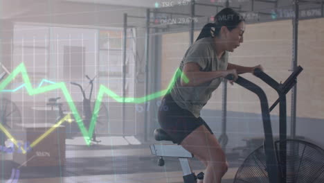 Animation-Der-Datenverarbeitung-Auf-Einem-Diagramm-über-Einer-Frau-Mit-Gemischter-Abstammung,-Die-Im-Fitnessstudio-Auf-Einem-Crosstrainer-Trainiert